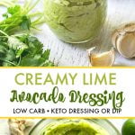 jar of creamy avocado dressing with text overlay