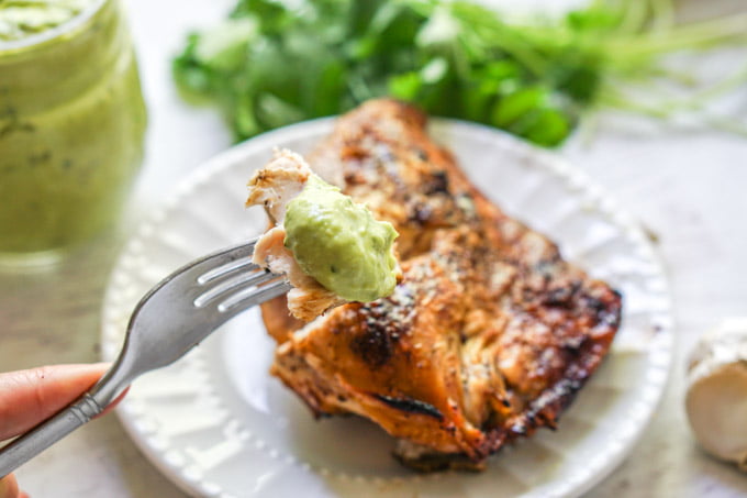 white plate with baked chicken and creamy avocado sauce