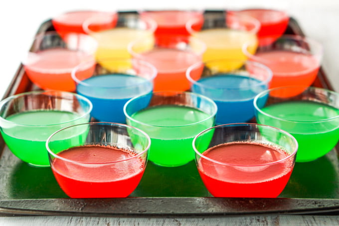 cookie sheet with 15 different colored sugar free gelatin snacks