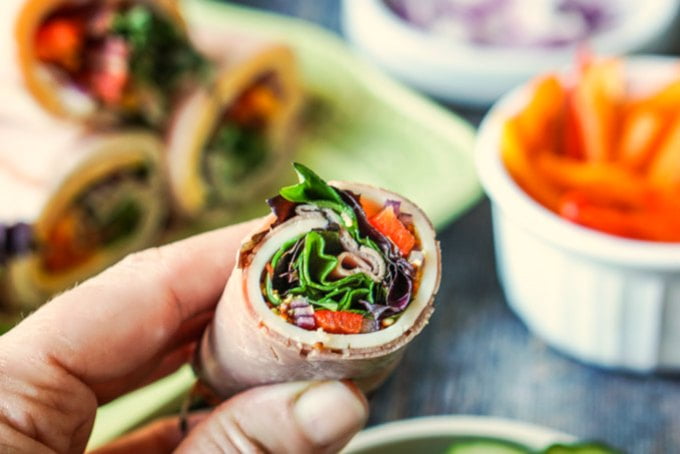 These low carb lunch meat wraps are a deliciously easy low carb snack or even lunch that you can make in minutes. Using low carb vegetables, condiments and cheeses, you can mix and match to make a tasty wrap without the bread. 