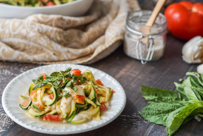 If you are looking for a quick and easy low carb lunch, look no further. These zucchini noodles Margherita can be made in minutes and are full of flavor. Using fresh garlic, basil and mozzarella, these zucchini noodles will be sure to satisfy your pasta cravings.