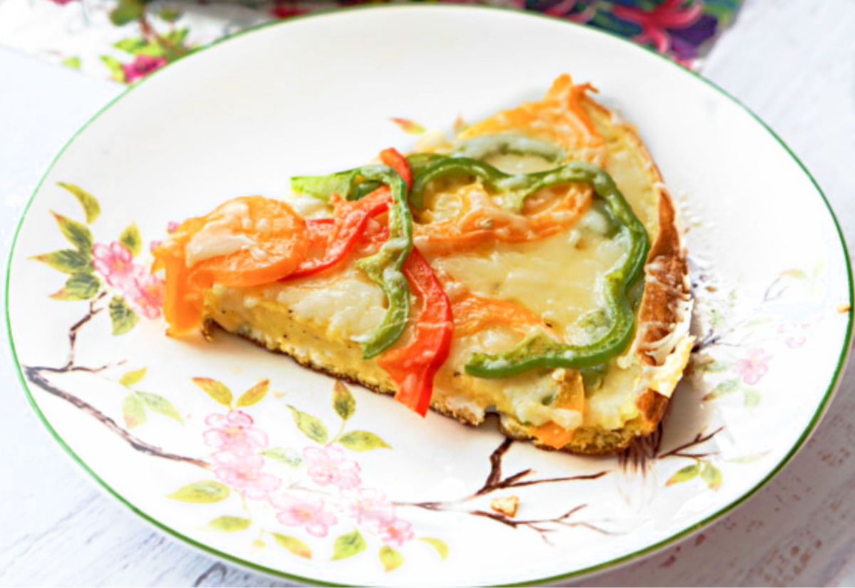 Closeup of a slice of the finished frittata.
