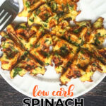 Large photo with a white plate with keto spinach waffles and text overlay.