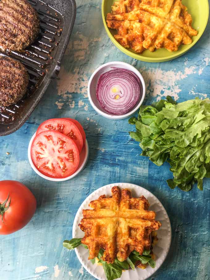 Looking for a fun low carb bun for your burger? Try a cheese waffle burger! Cheesy, chewy and perfect on your favorite burger. Only 1.6g net carbs for 2 waffles which equals 1 bun. Add your favorite toppings like bacon, peppers, onions, etc. 