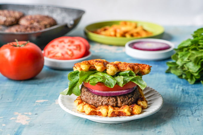 Looking for a fun low carb bun for your burger? Try a cheese waffle burger! Cheesy, chewy and perfect on your favorite burger. Only 1.6g net carbs for 2 waffles which equals 1 bun. Add your favorite toppings like bacon, peppers, onions, etc. 