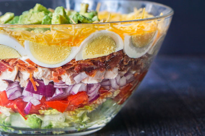 This low carb layered cobb salad is reminiscent of a seven layered salad but with all the fixing of a regular cobbb salad.