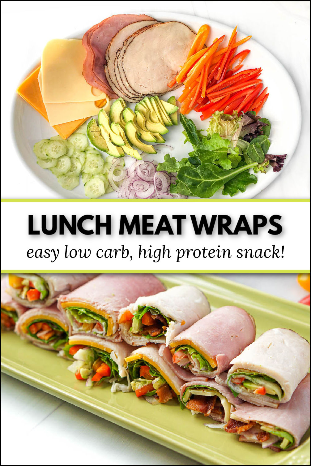 a stack keto lunch meat wraps and a platter of ingredients with text