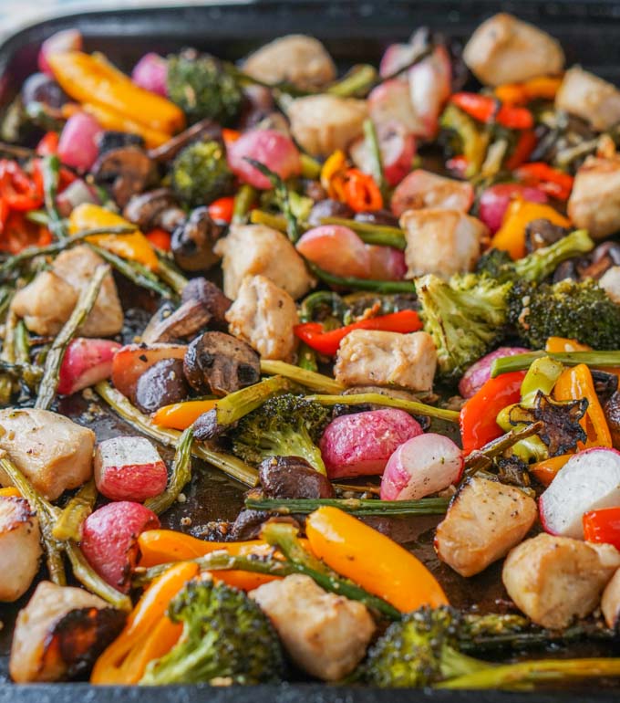 If you are looking for a quick and easy dinner, try this marinated chicken & vegetable sheet pan dinner. Marinate the chicken overnight, cut your veggies and you are ready to go. 