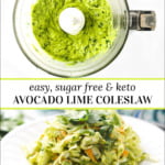 white bowl and dish with keto avocado coleslaw with text