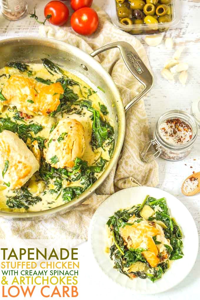 This tapenade stuffed chicken with creamy spinach & artichokes dish is a deliciously low carb dinner you make in one pan. The creamy spinach and artichokes go perfectly with the tasty tapenade that the chicken is stuffed with and each serving is just 4.7g net carbs.