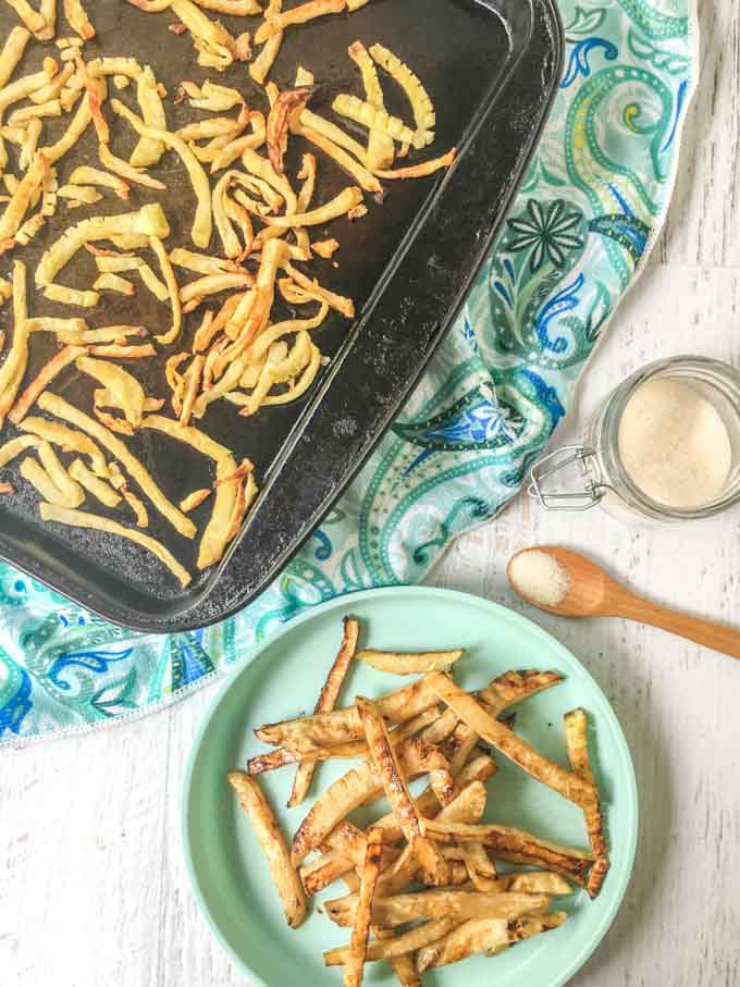These easy, healthy low carb fries are made with celery root, otherwise known as celeriac. In just minutes you can have tasty crispy fries that taste surprisingly like potato fries but with less carbs. 