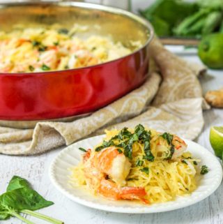 If you are a looking for a wonderful Thai flavored noodle dish, look no further. This coconut basil shrimp spaghetti squash recipe is full of flavor, low carb, gluten free and only takes about 20 minutes to make!