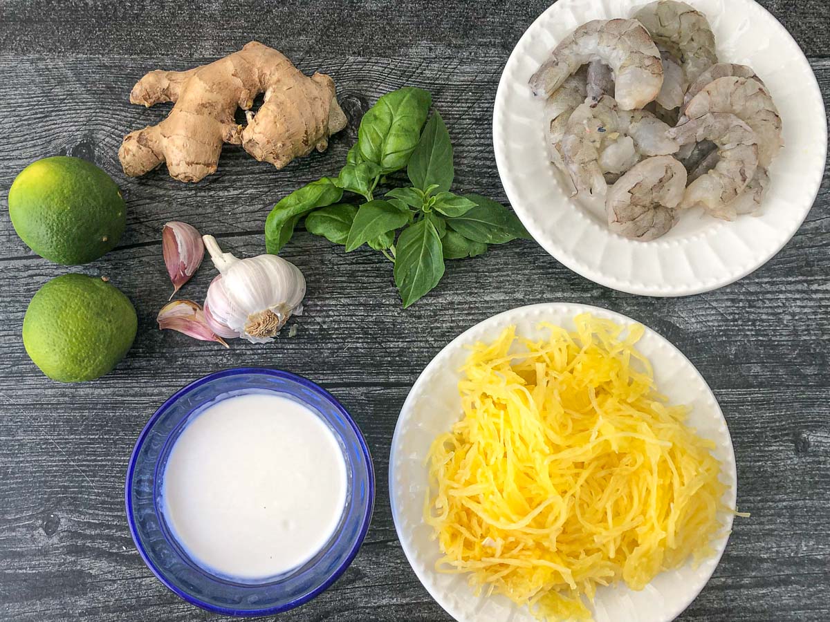 recipe ingredients - spaghetti squash, shrimp, lime, garlic, ginger, lime and coconut milk