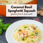 pan and plate with shrimp and spaghetti squash in a coconut curry sauce and text