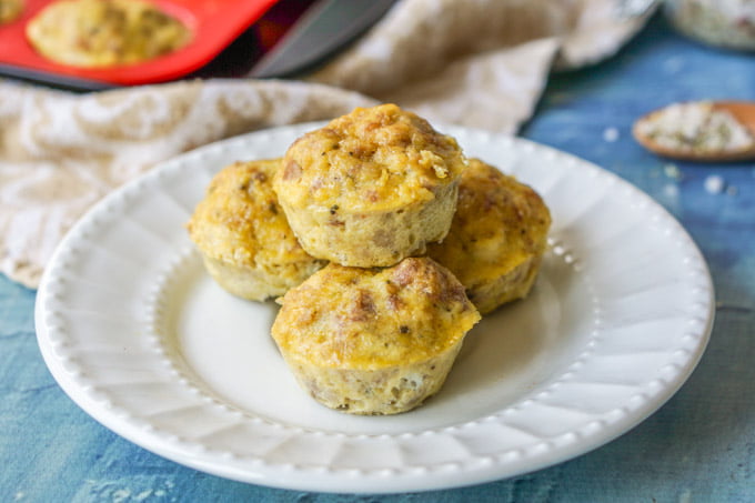 These low carb sausage egg muffins are a delicious breakfast on the go. Not only are the low carb, but they are gluten free, nut free and dairy free! Taste one and it will be hard to believe. Only 0.7g net carbs per muffin.