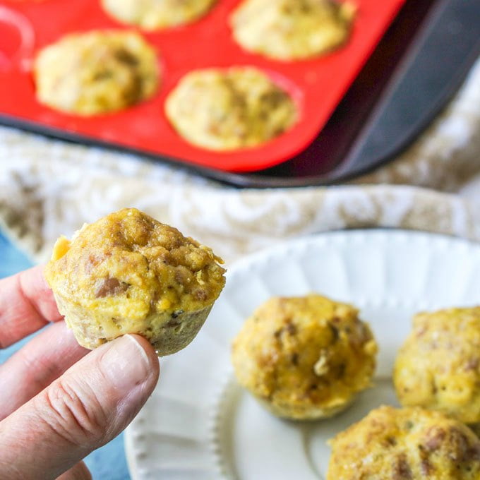 These low carb sausage egg muffins are a delicious breakfast on the go. Not only are the low carb, but they are gluten free, nut free and dairy free! Taste one and it will be hard to believe. Only 0.7g net carbs per muffin.