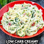 Aerial view of a red plate with keto creamy sun dried tomato sauce covered zucchini noodles and text overlay.