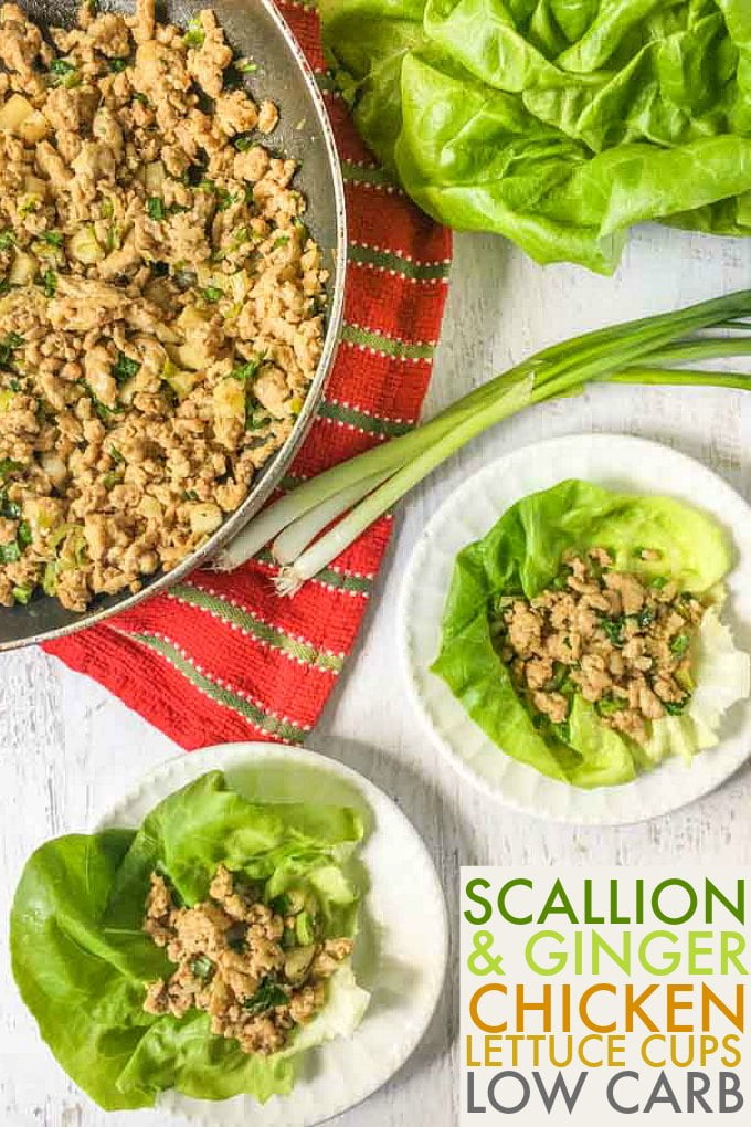 These scallion & ginger chicken lettuce cups are such an easy and healthy recipe that is perfect for the summer weather. Chicken lettuce cups make for a delicious low carb dinner or lunch or even appetizer.  Only 5.4g net carbs per serving.