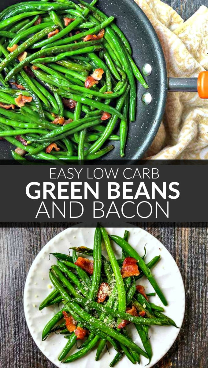 pan and white plate with  ow carb green beans and bacon and text