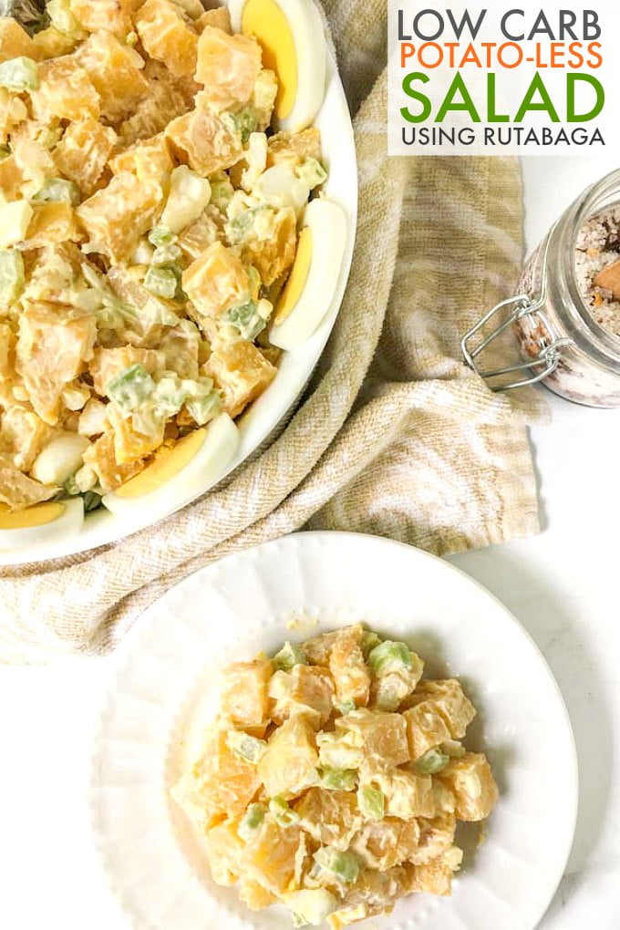 Summer is all about potato salad for me, so I came up with this low carb potato-less salad using celeriac or rutabaga. You will love how good of a potato substitute this vegetable is and only 6.1g net carbs per serving.