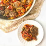 pan and white dish with 3 pepper pork tenderloin dinner and text