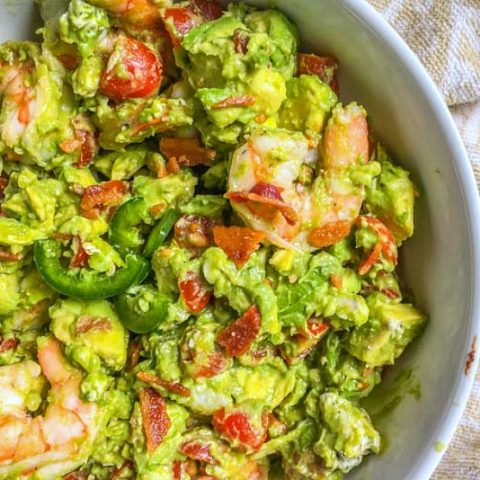 This keto avocado shrimp salad with bacon is so decadent and delicious. It's like guacamole and shrimp got together with a blt, but then there is blue cheese in there too! This delicious keto salad that is low carb too with only 2.1g net carbs per serving.