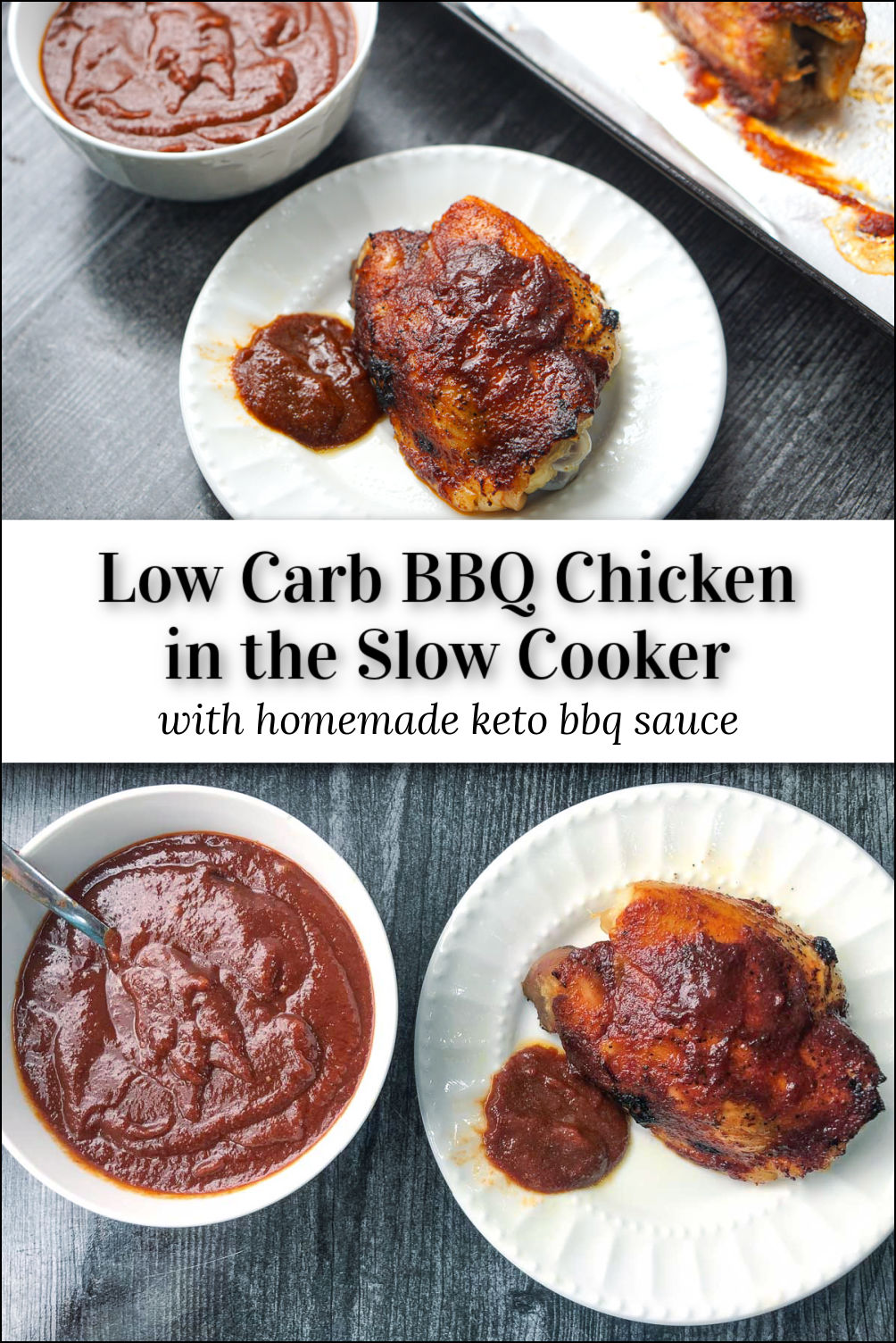 white plate with a bowl with low carb bbq chicken with text