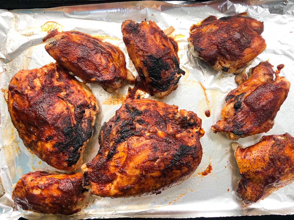 finish bbq chicken pieces on baking sheet