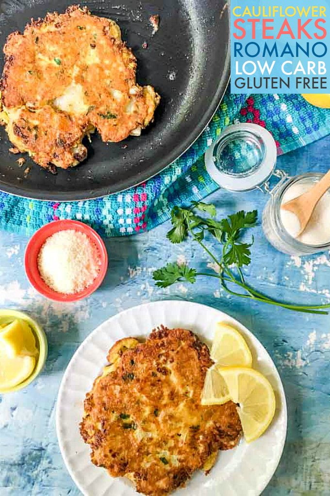 aerial view of cauliflower steaks on plate and in pan with parsley and blue tea towel and text overlay