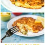 cauliflower steaks with a forkful and text overlay