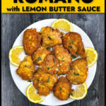 White plate with low carb, gluten free chicken romano and lemon wedges and text.