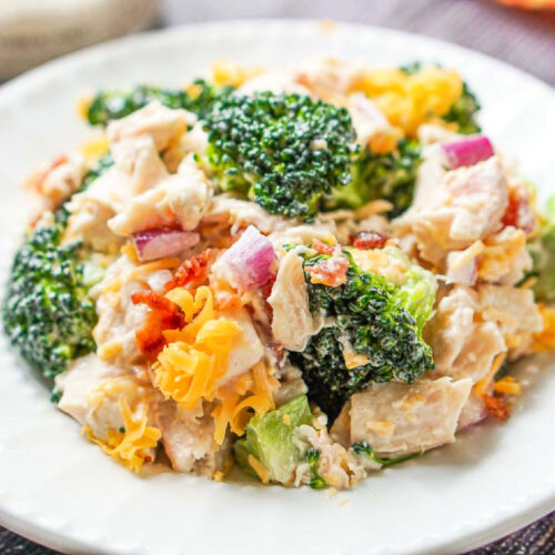 Closeup of a plateful of keto ranch chicken broccoli salad with bacon.
