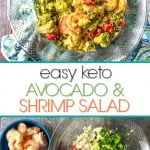 bowl with keto avocado shrimp salad and text