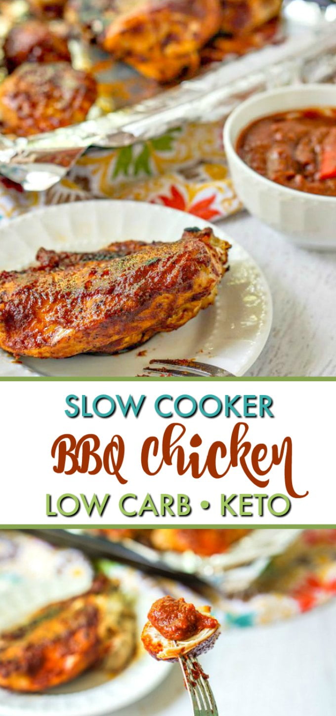 plates and platters of slow cooker bbq chicken with text overlay