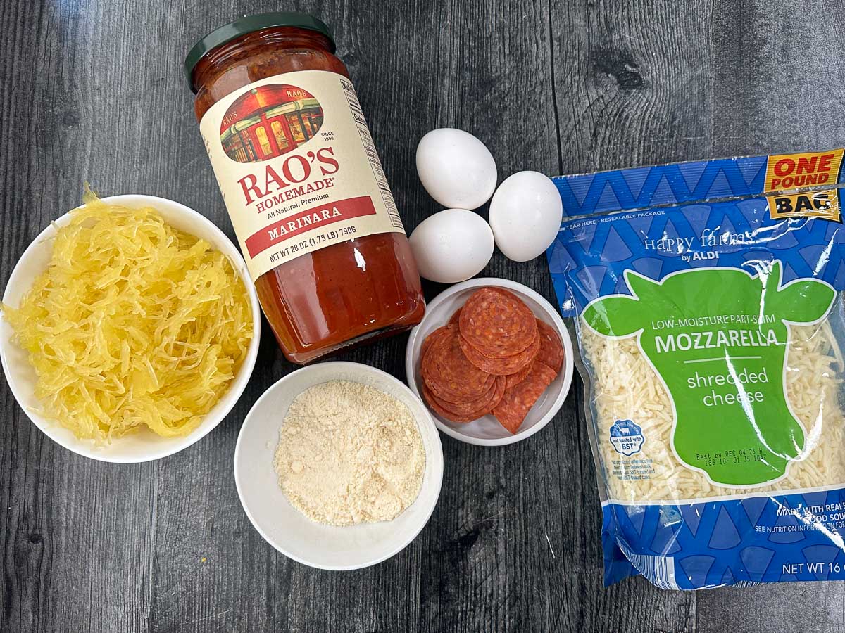 recipe ingredients - squash, sauce, parmesan, mozzarella, eggs, pepperoni