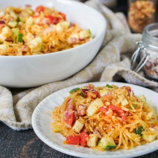 This low carb linguine salad is a versatile summer side dish that is perfect for picnics or even weeknight dinners. Add all the vegetables you want or even add a mixture of meats and cheeses.  Only 5g net carbs per serving.