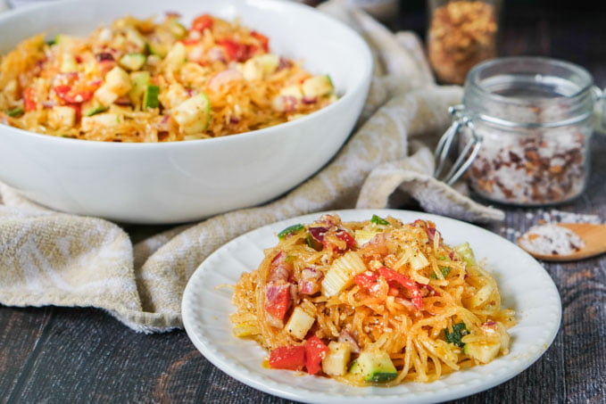 This low carb linguine salad is a versatile summer side dish that is perfect for picnics or even weeknight dinners. Add all the vegetables you want or even add a mixture of meats and cheeses.  Only 5g net carbs per serving.