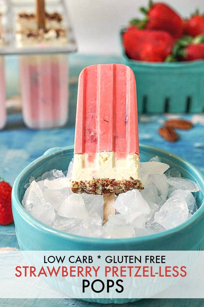 Just in time for hot summer weather, try these low carb strawberry pretzel-less pops. Imagine strawberry jello, creamy cheesecake and a gluten free crust wrapped up in a popsicle form. Your favorite summer dessert on a stick and it's only 3.6g net carbs per pop.