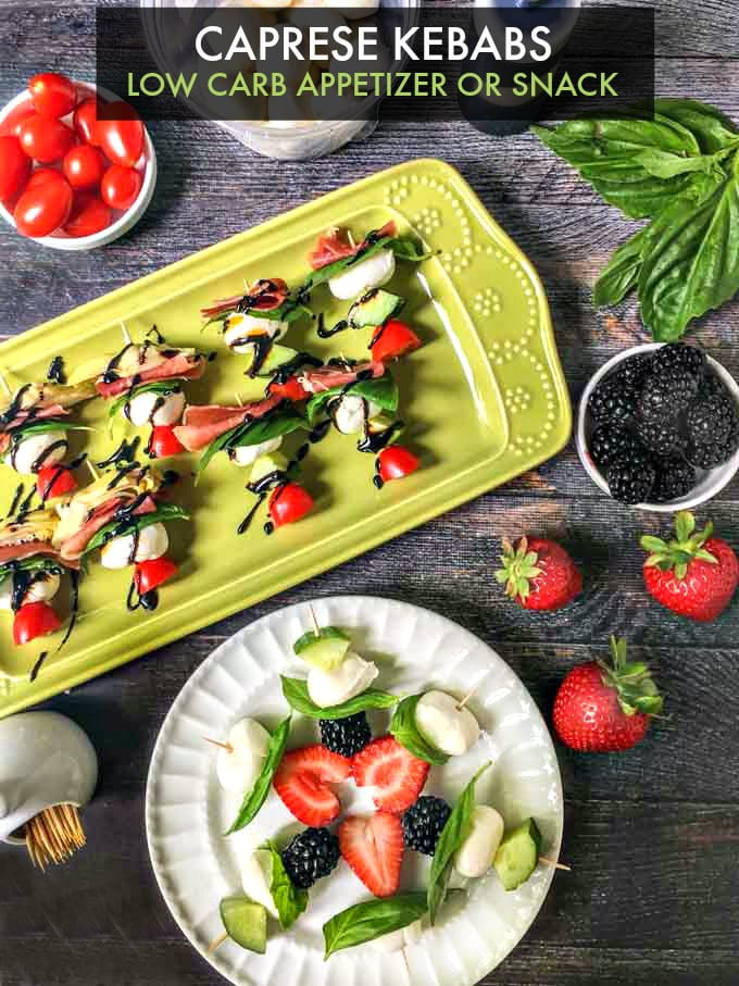 These easy caprese kebabs are a fun and healthy appetizer or even a low carb snack for summer. Using a variety of fruits and vegetables with fresh mozzarella and basil and a drizzle of balsamic glaze for a fresh summer bite.