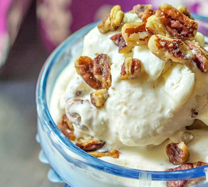 This low carb ice cream has the creamy flavor of caramel along with buttery toasted pecans. It's rich and delicious and perfect for a hot summer day. No ice cream maker necessary to make this sugar free ice cream dessert.