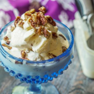 This low carb ice cream has the creamy flavor of caramel along with buttery toasted pecans. It’s rich and delicious and perfect for a hot summer day. No ice cream maker necessary to make this sugar free ice cream dessert. #icecream #lowcarb #keto #lowcarbdieting #caramel #lowcarbicecream #nochurn