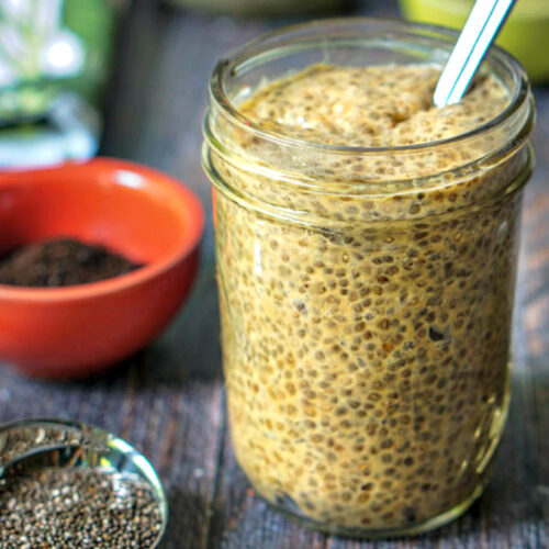 Jar with coffee protein chia breakfast pudding.