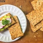 This low carb and gluten free crispbread is the perfect vehicle for avocado toast or anything else you would like to top it with. It's full of healthy ingredients and has a great crunch that will satisfy you on a low carb diet.  Only 0.9g net carbs per piece.