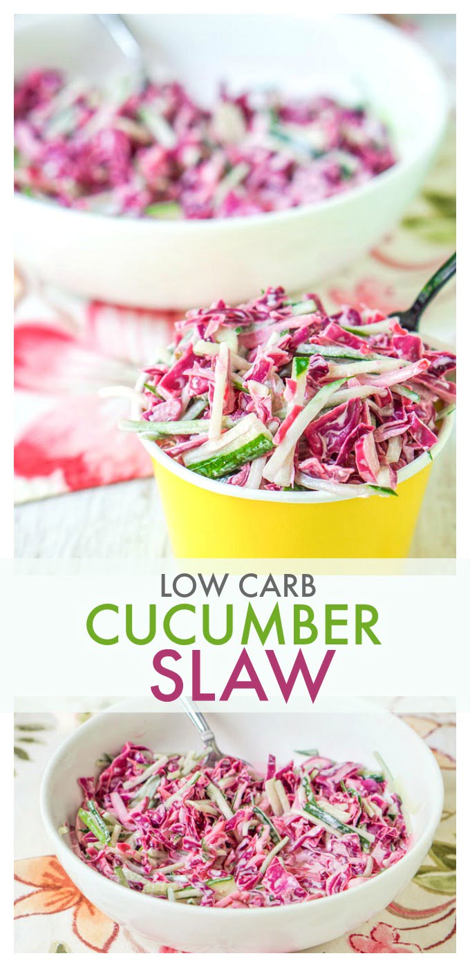 yellow cup of cucumber keto slaw and white bowl in background with test overlay