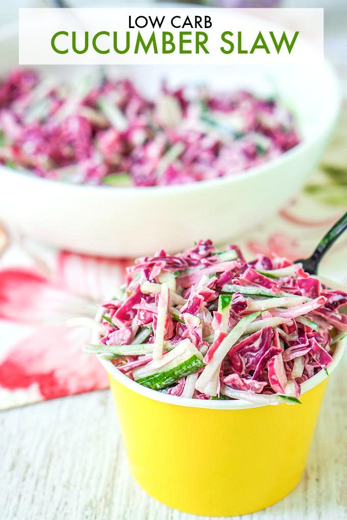 yellow cup with purple cabbage and cucumber slaw with white bowl in background and text overlay