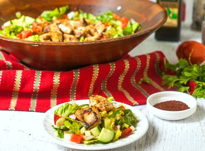 If you love fattoush salad but can't eat the bread, try this low carb Middle Eastern chicken salad. It has all the flavors of fattoush in both the chicken and the salad and is FULL of flavor. Perfect with fresh herbs and vegetables from the garden and only 5g net carbs per serving