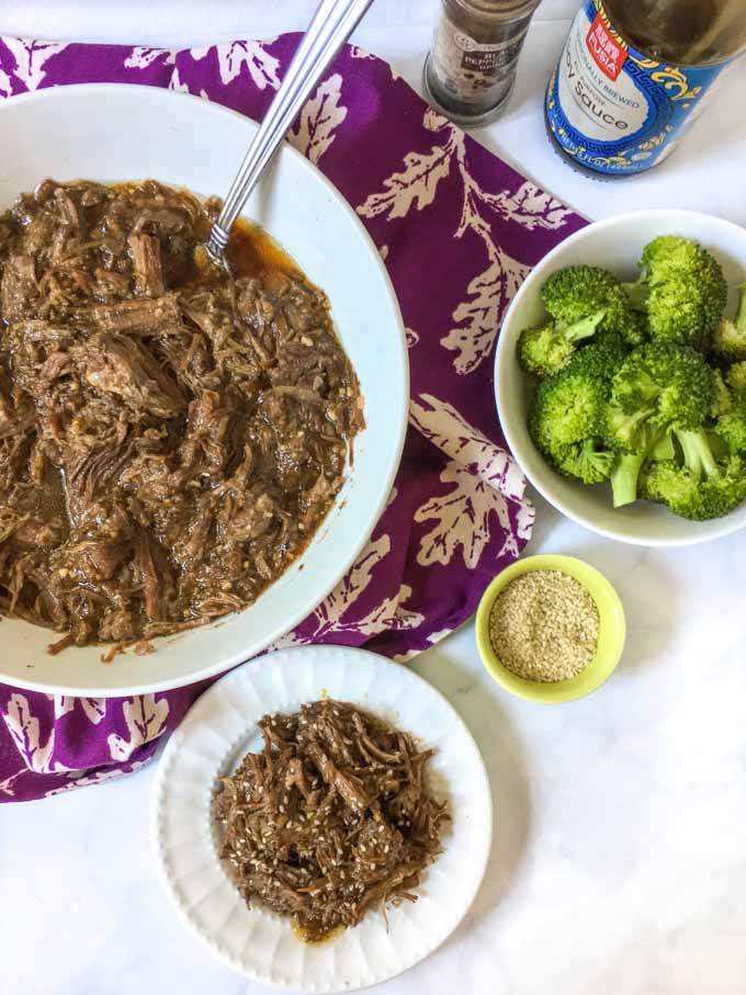 This low carb shredded Asian beef is a breeze to make in the Instant Pot. A versatile dish that you can eat over rice or cauliflower rice or as is. Only 1.1g net carb per serving!