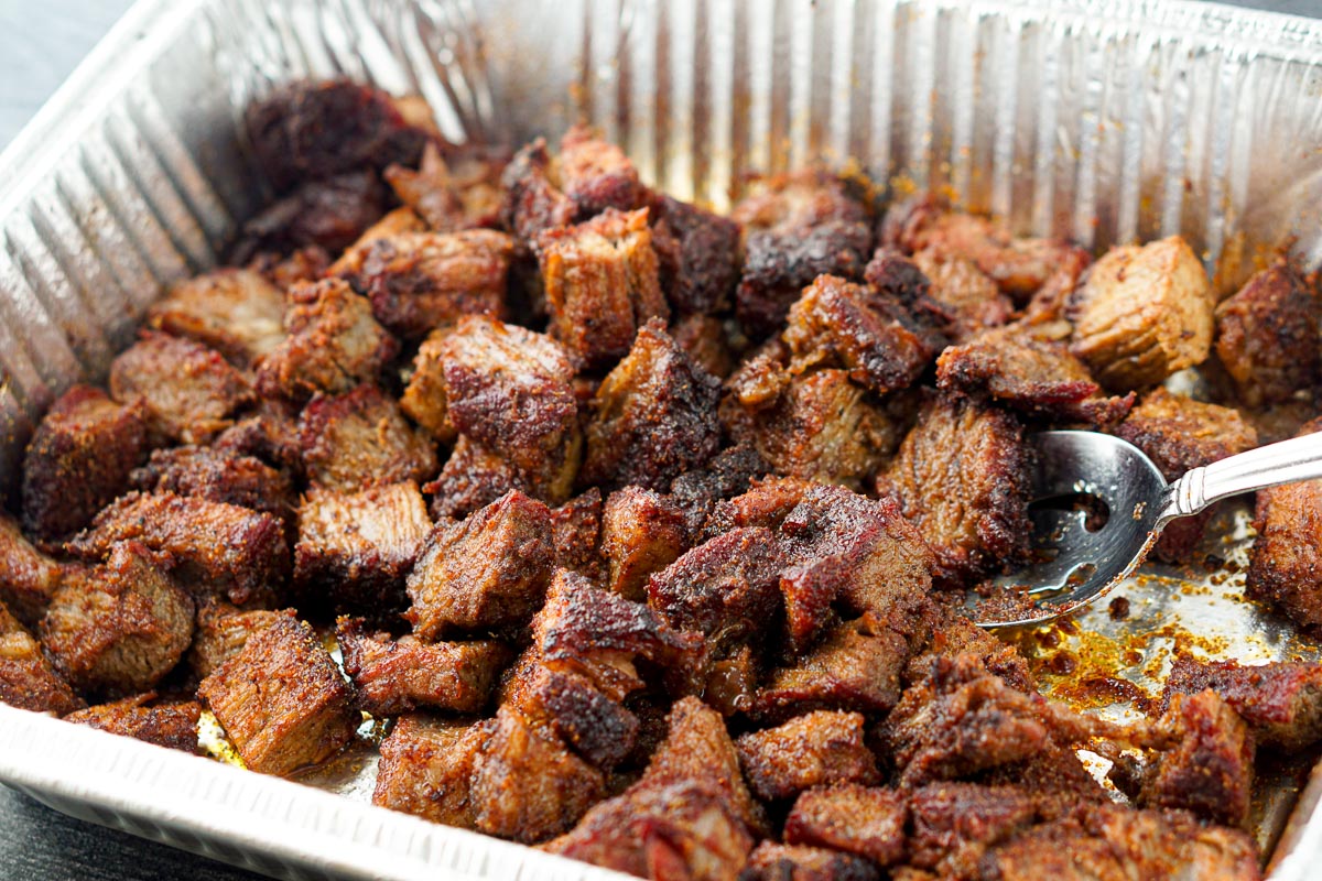 aluminum pan with finished chuck roast smoked burnt ends
