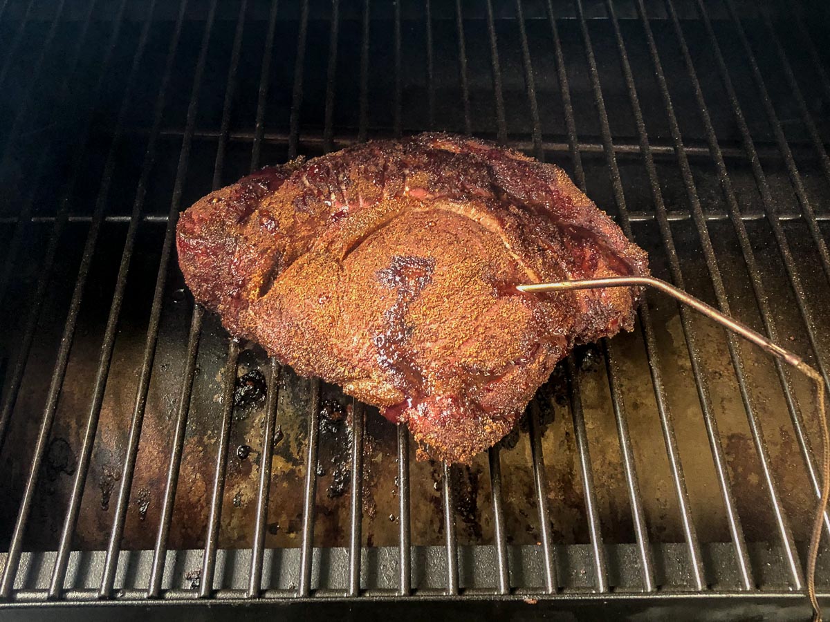 finished smoked chuck roast with thermometer probe