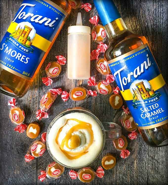 aerial view of low carb coffee drink, Torani sugar free syrups, caramel cream candies and caramel sauce